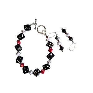 Dice-Themed Bracelet & Earrings Set With Toggle Clasp & Drop Earrings In Black W